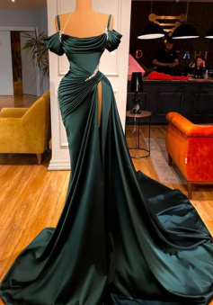 STUNNING OFF-THE-SHOULDER MERMAID PROM DRESS RUFFLES WITH HIGH SPLIT      