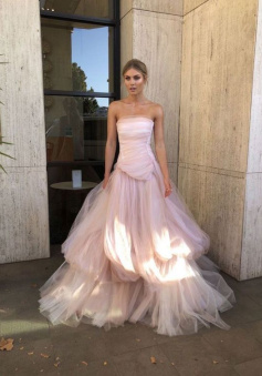 Light pink tulle long prom dress, pink tulle formal dress    