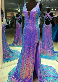 Purple Multi Sequins V-Neck Cross Back Long Formal Dress   