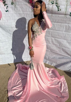 Pink Unique Long Prom Dress Mermaid Party Dress     