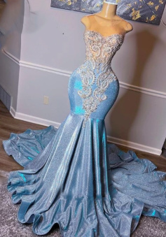 light blue prom dresses, crystal evening dresses, sequins evening gowns, mermaid prom dresses     