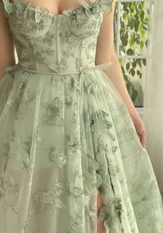 Green Tulle Butterfly Long Prom Dress     