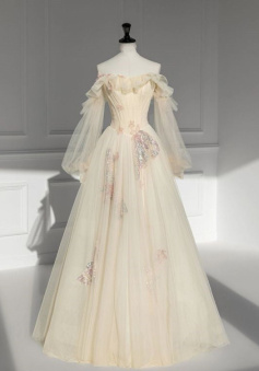 Champagne Off-the-shoulder Gown Dress Long Sleeve Prom Dress Evening Dress       