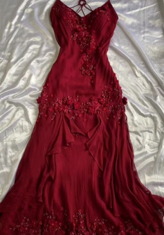 Vintage Sheath Spaghetti Straps Burgundy Long Prom Dress Evening Dresses With Beads      
