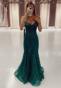 Green Long Mermaid Prom Dresses Formal Evening Gowns     