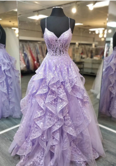 Spaghetti Staps Lilac Prom Dresses Evening Gowns with Sheer Bodice   