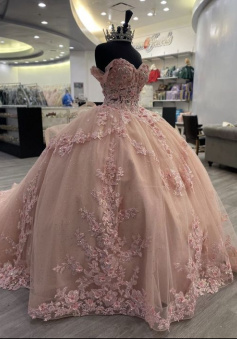 Pink Lace Long Prom Dresses, Ball Gown Sweet 16 Dresses   