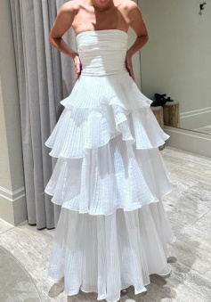 White Multi-layer Evening Dresses Long White Prom Gown  
