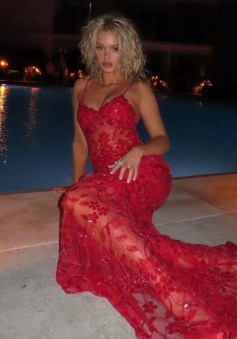 Spaghetti Straps Birthday Party Dresses Red Lace Prom Dresses    