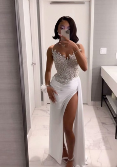 Gorgeous Long White A-line Prom Dress With Slit      