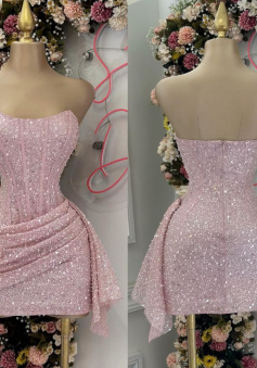 Pink Strapless Sequins Party Dress Mini Homecoming Dress Birthday Outfits    