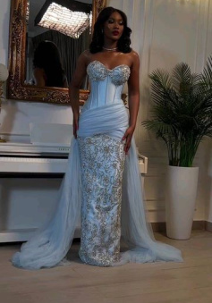 Blue Memraid Strapless Evening Dress Long Formal Gown   