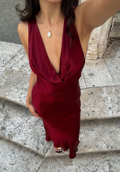 Burgundy Prom Dresses Deep V Neck Evening Dress      