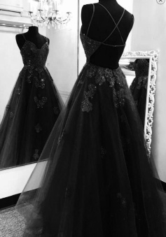 Black tulle lace prom dress tulle formal dress    