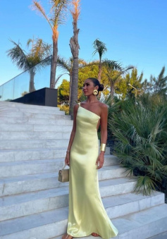 Yellow One Shoulder Prom Dresses, Evening Dress, Floor Length Party Gowns    