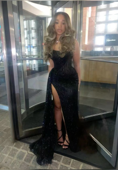 Black long prom dress with Slit ,strapless evening dress       