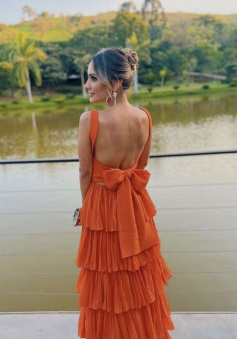 A-line Orange Modest Formal Long Women Evening Prom Dresses     