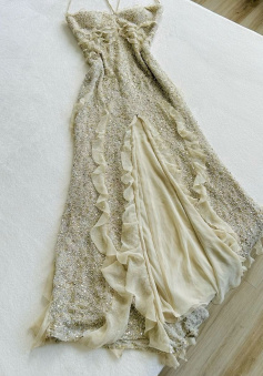 Spaghetti Straps Sequin Long Evening Prom Dresses With Slit     