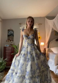 Beautiful Floral Print Chiffon Long Prom Dresses Evening Dress     