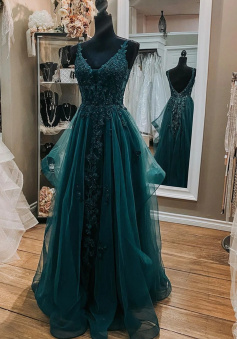 V Neck Open Back Dark Green Lace Beaded Long Prom Dresses, Dark Green Lace Formal Dresses, Dark Green Evening Dresses     
