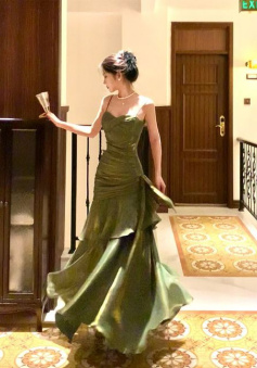 Chic Green Straps Sweetheart Long Formal Dress, Green Prom Dress Evening Dress      