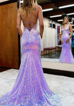 Plunging V-Neck Sequins Sparkly Prom Dress      