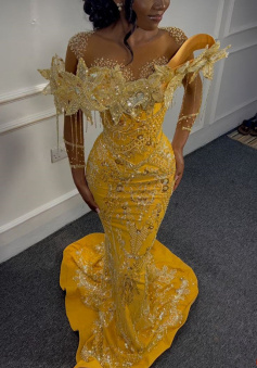 Gorgeous Yellow Beaded Mermaid Evening Dress Long Prom Dress      