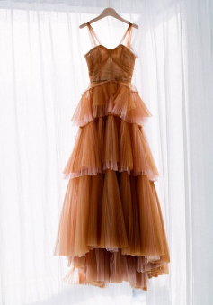 Brown tulle long prom dress, evening dress      