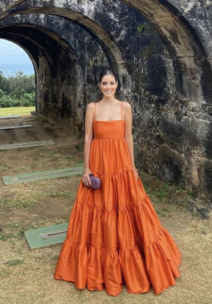 A line orange long prom dress, fashion evening dress     