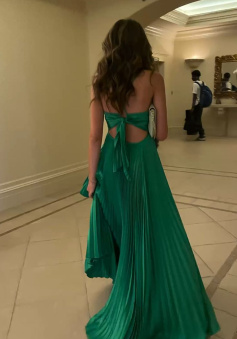 Green Long Pleated Prom Evening Dress    