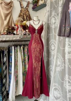 V Neck Lace Burgundy Long Prom Dress Mermaid Evening Party Gown    