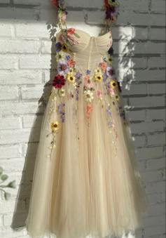 Light Champagne Ankle-Length Evening Gowns Colorful Pattern Appliques Formal Party Dresses 3D Flowers Straps Prom Dress  