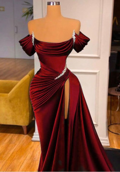 STUNNING OFF-THE-SHOULDER MERMAID PROM DRESS RUFFLES WITH HIGH SPLIT      