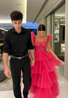 Pink tulle prom dresses long evening dress  