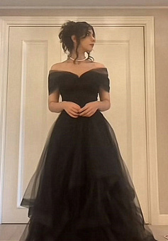 Black Off Shoulder Sweetheart Tulle Prom Dress, Black Tulle A-Line Party Dress      