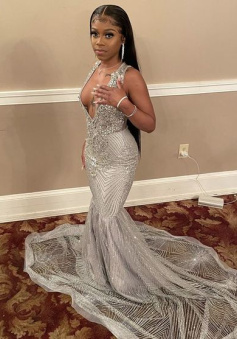 Silver Mermaid Women Formal Evening Party Prom Gowns  