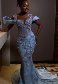 Sparkly Rhinestones Blue Mermaid Long Prom Dress Evening Dress     