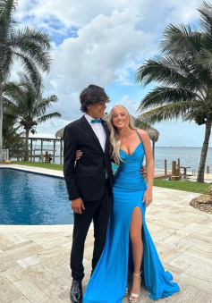 Elegant Blue V Neck Prom Dress With Split,Blue Formal Dress     