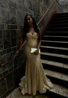 Gold Sequin Mermaid Long Prom Gown Evening Dress   