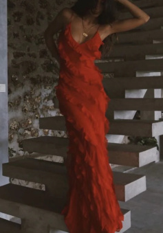 Red Ruffles Long Formal Dress Elegant Evening Dress   