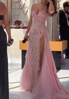 A line Pink Long Prom Dresses Party Evening Gowns    