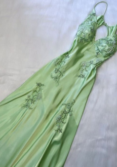 Green V neck Long Prom Dress      