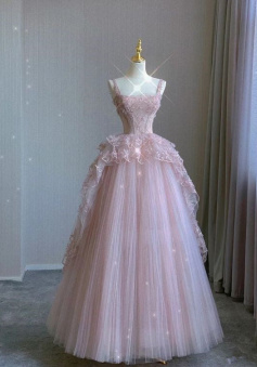 Pink tulle lace long prom dress, pink evening dress     