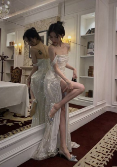 Shinny High Slit  Women Formal Evening Party Prom Gowns  