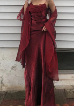 Spaghetti Straps Simple Burgundy Long Prom Dress     