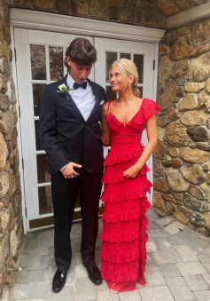 long red prom dresses, sexy lace evening dress with slit     