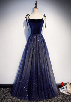 Simple A line Prom Dresses Navy Blue Tulle Evening Dress Bridesmaid dress  