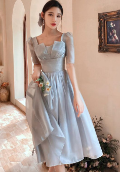 Simple Gray Short Sleeve Bridesmaid Evening Party Midi Dress     