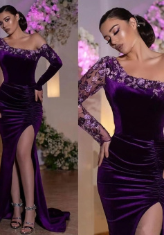 Purple Elegant Velvet One-Shoulder Lace Side-Slit Mermaid Long Bridesmaid Dress Prom Dress     