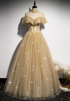 Gold Tulle Sequin Long Prom Dress, Gold Tulle Bridesmaid Dress   